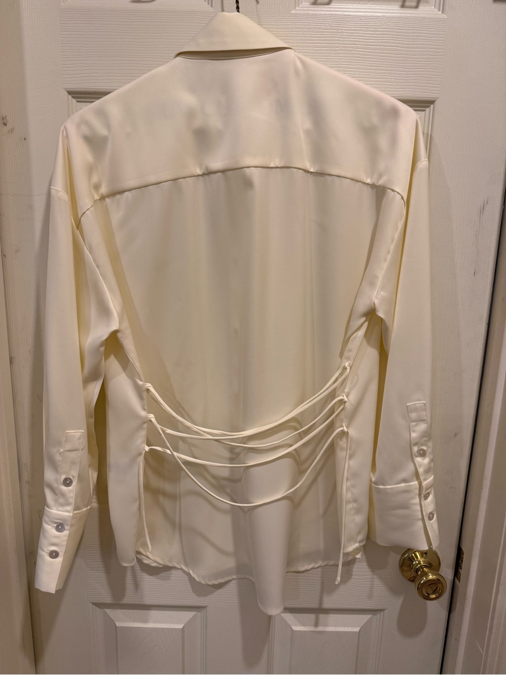 Ivory Satin Tie-Back Button Shirt